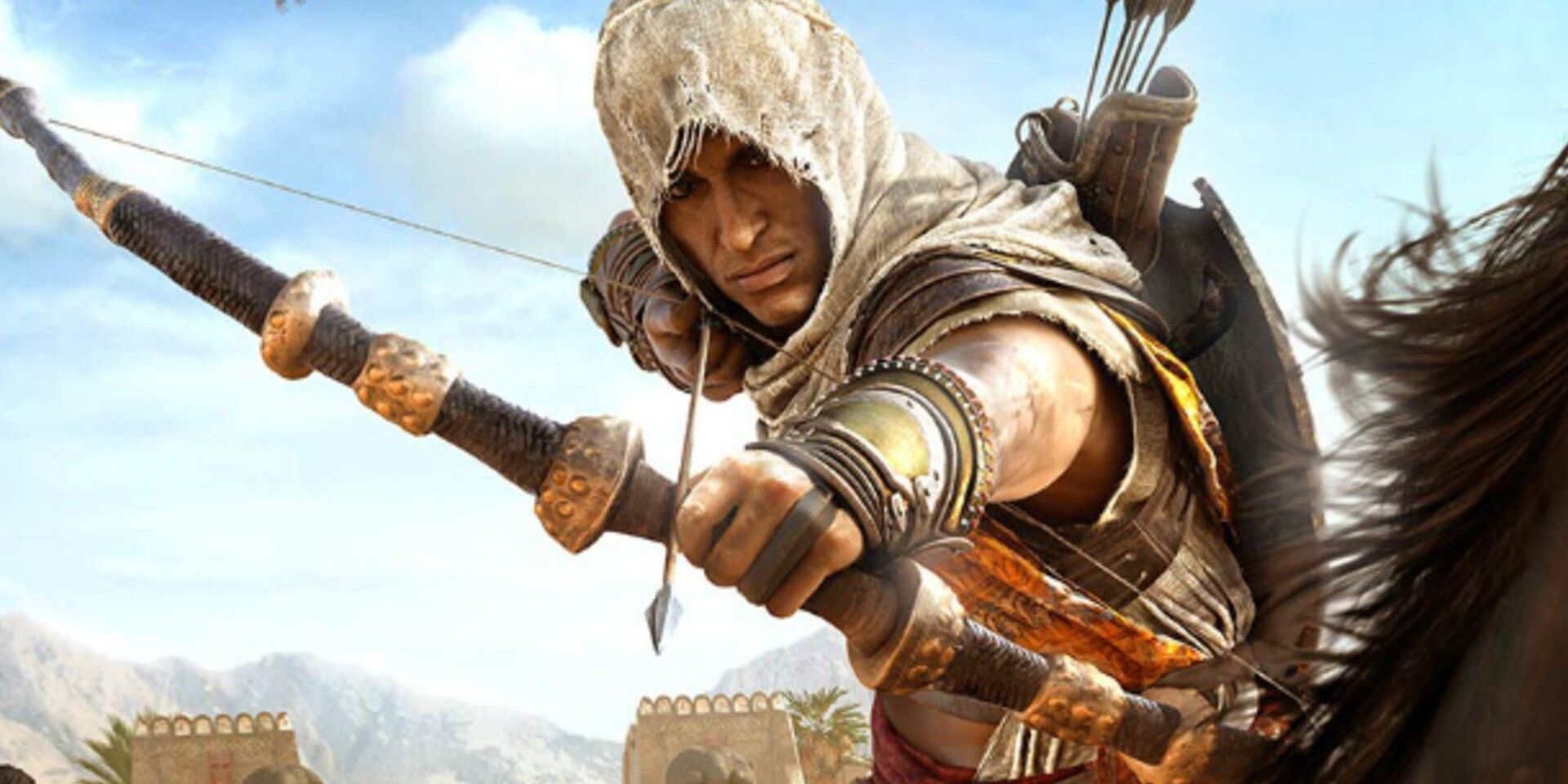 Bayek mirando uma flecha em Assassin's Creed Origins 