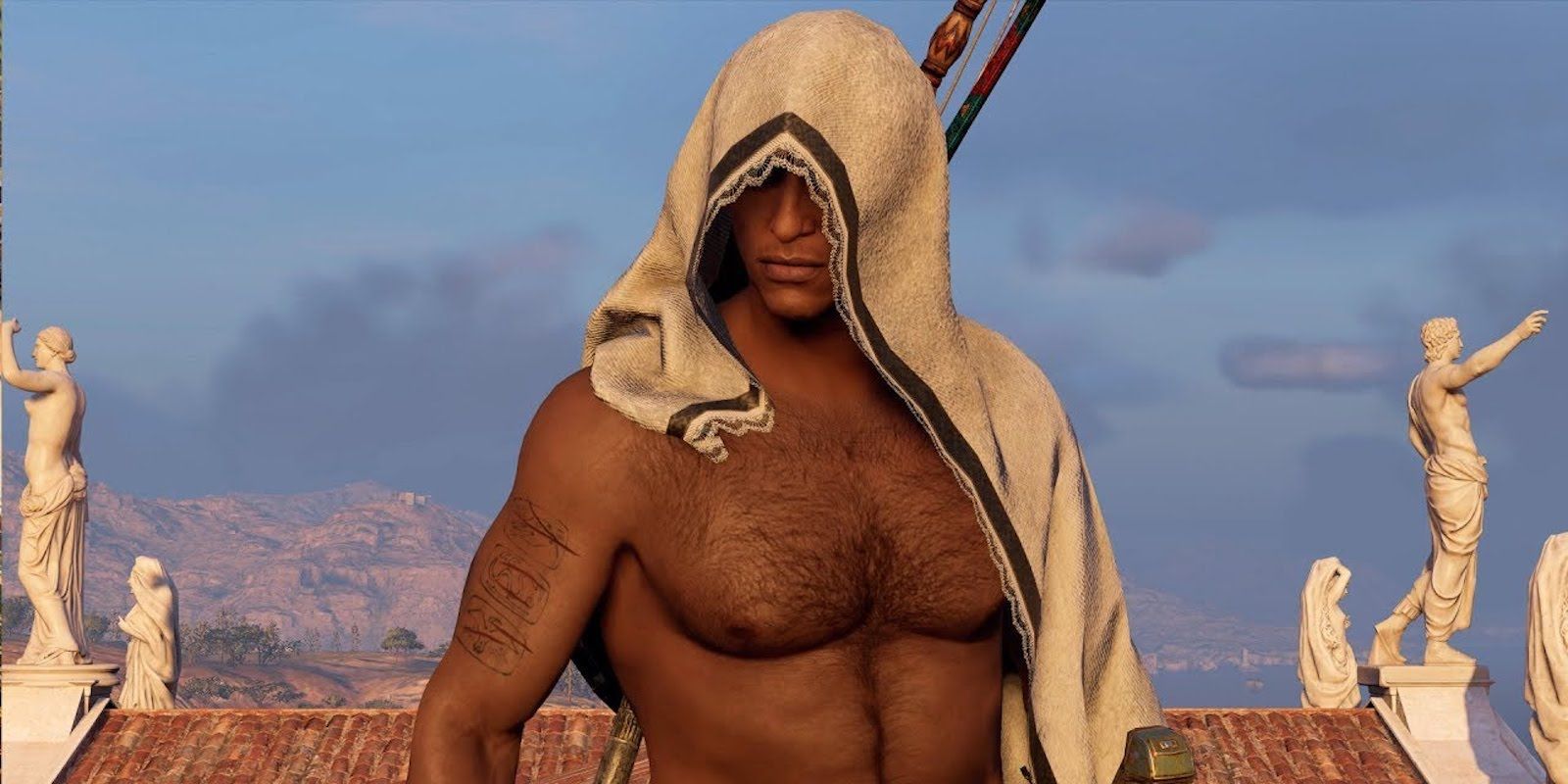 Bayek vestindo uma toalha de banho em AC Origins.