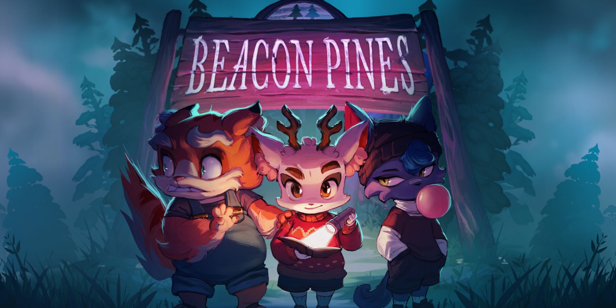 Beacon Pines key art featuring main characters Luka, Rolo, and Beck.