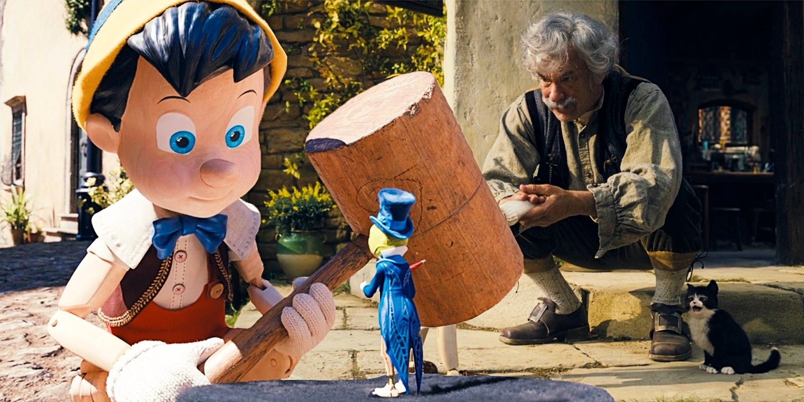 Benjamin Evan Ainsworth as Pinocchio and Tom Hanks as Geppetto in Pinocchio