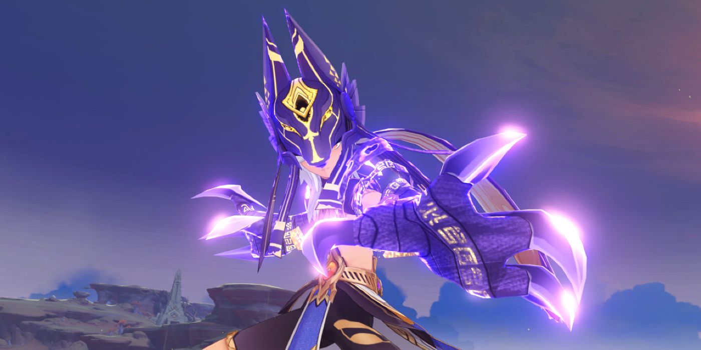 Genshin Impact's Cyno uses his Elemental Skill and shows off his Electro claws in the Sumeru desert.