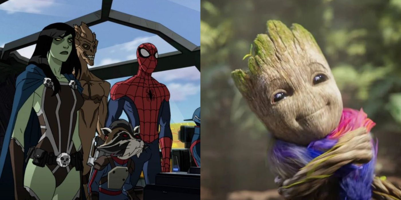 Split image showing Groot in Ultimate Spider-Man and I Am Groot 