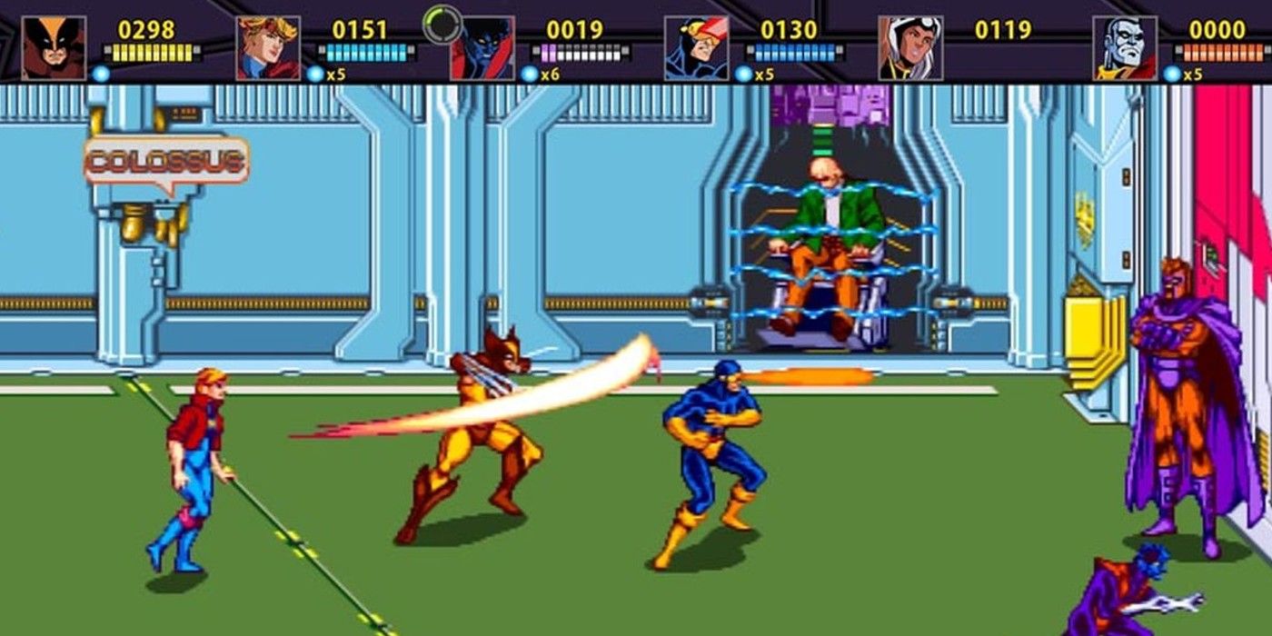 The X-Men confront Magneto on his asteroid base from the X-Men Arcade Game