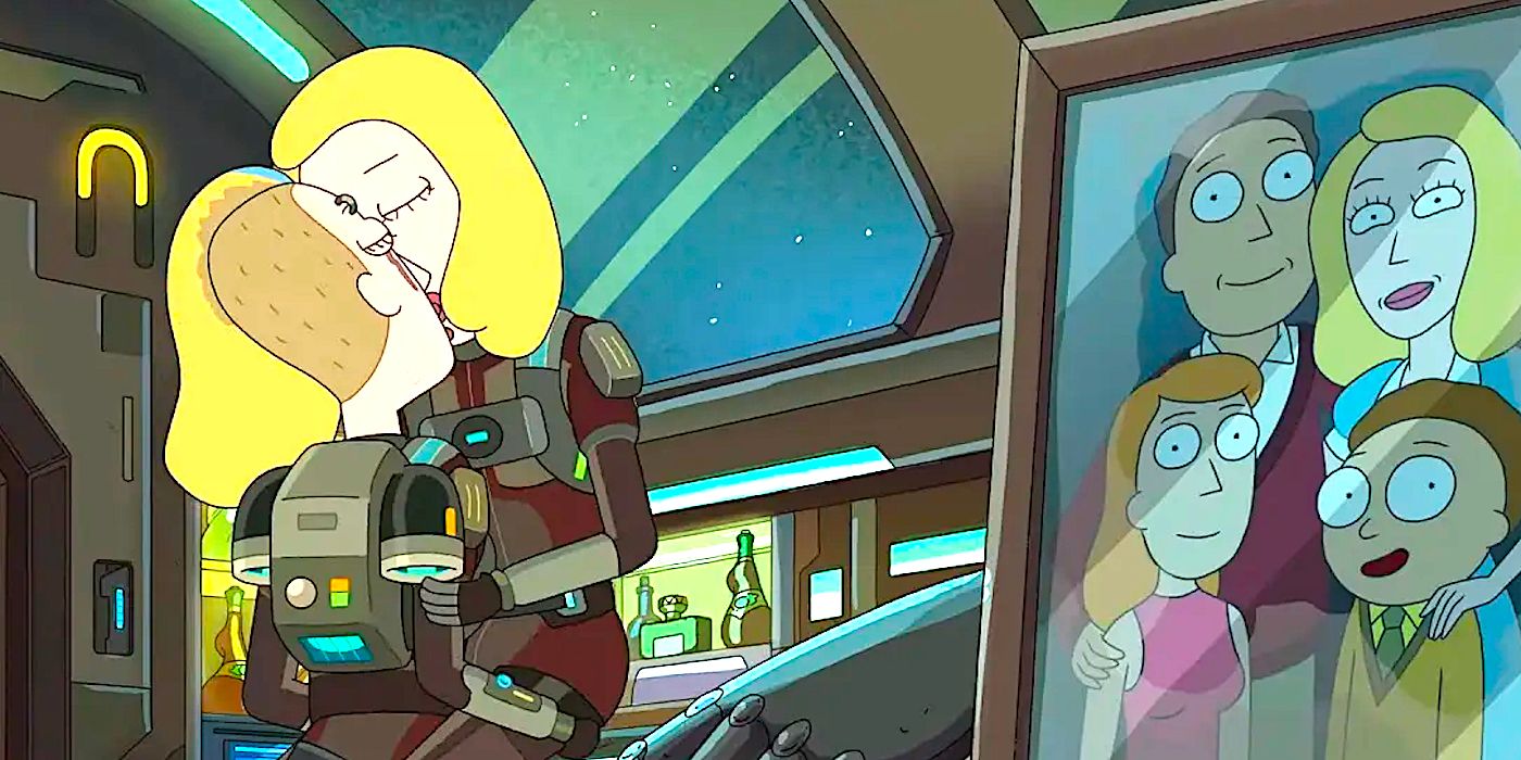 Beth and Space Beth kissing near a family photo in Rick and Morty season 6 episode 3, Bethic Twinstinct