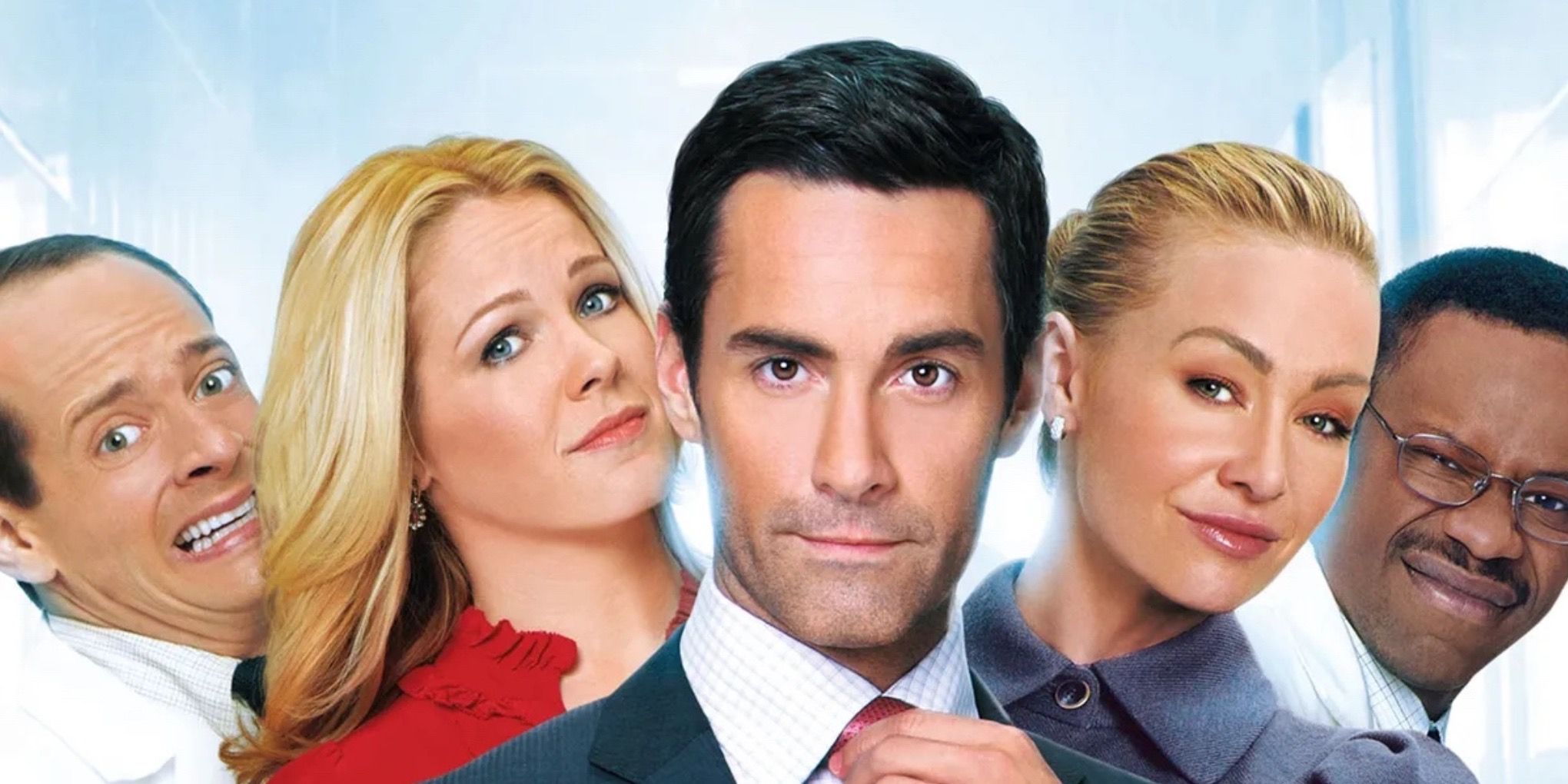 Phil (Jonathan Slavin), Linda (Andrea Anders), Ted (Jay Harrington), Veronica (Portia de Rossi), and Lem (Malcolm Barrett) in a promotional picture of the cast of Better Off Ted