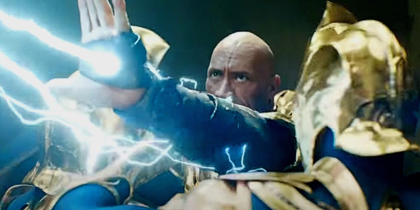 Black Adam fighting multiple Doctor Fates and shooting lightning from his hands
