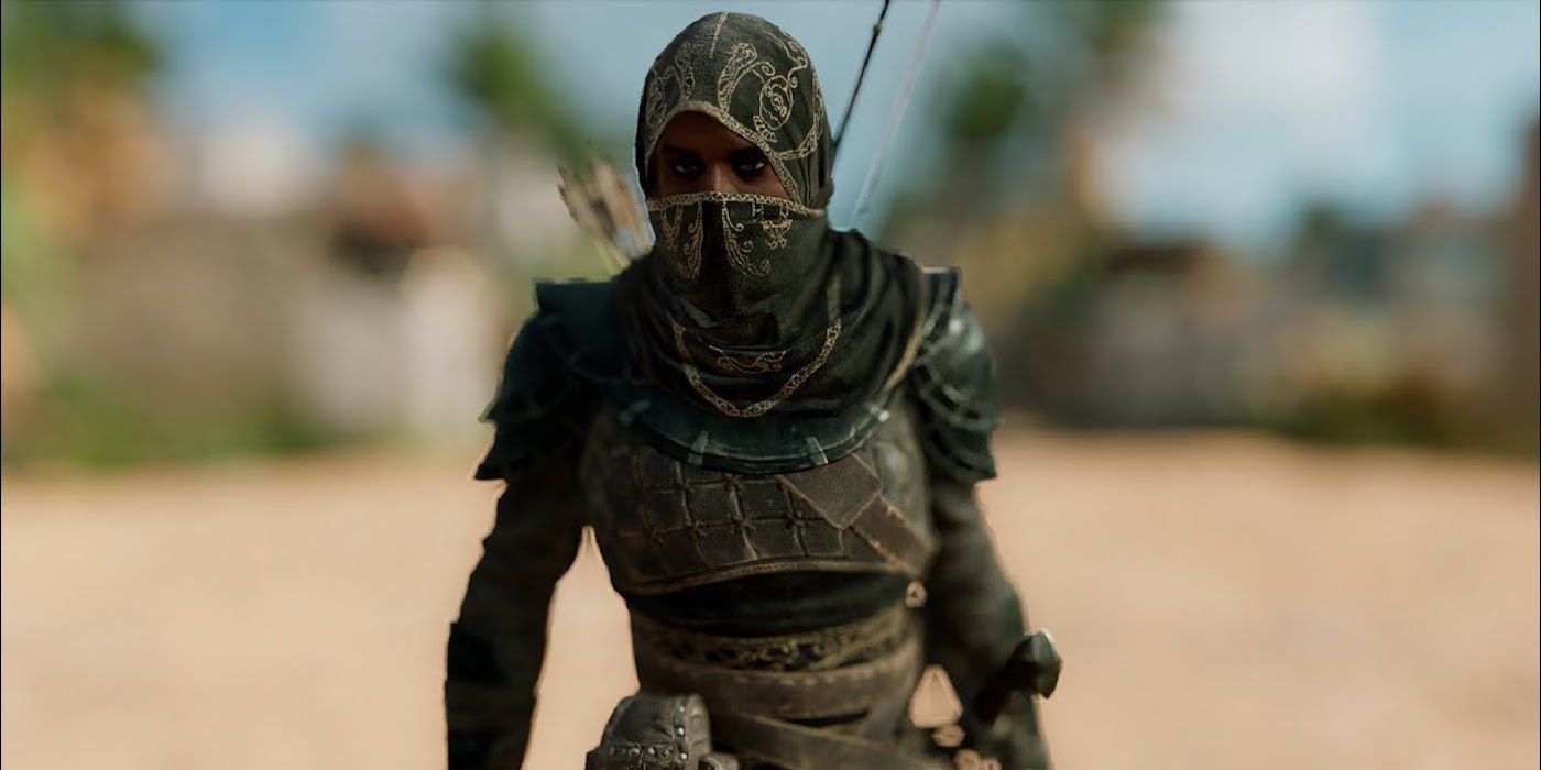 Bayek vestindo a roupa Black Hood de Assassin's Creed Origins.