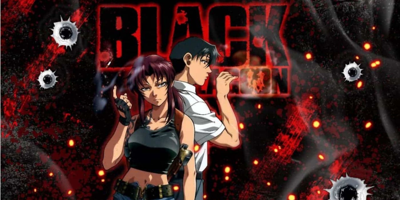 Arte chave do anime Black Lagoon com Revy e Rock em pé de costas.