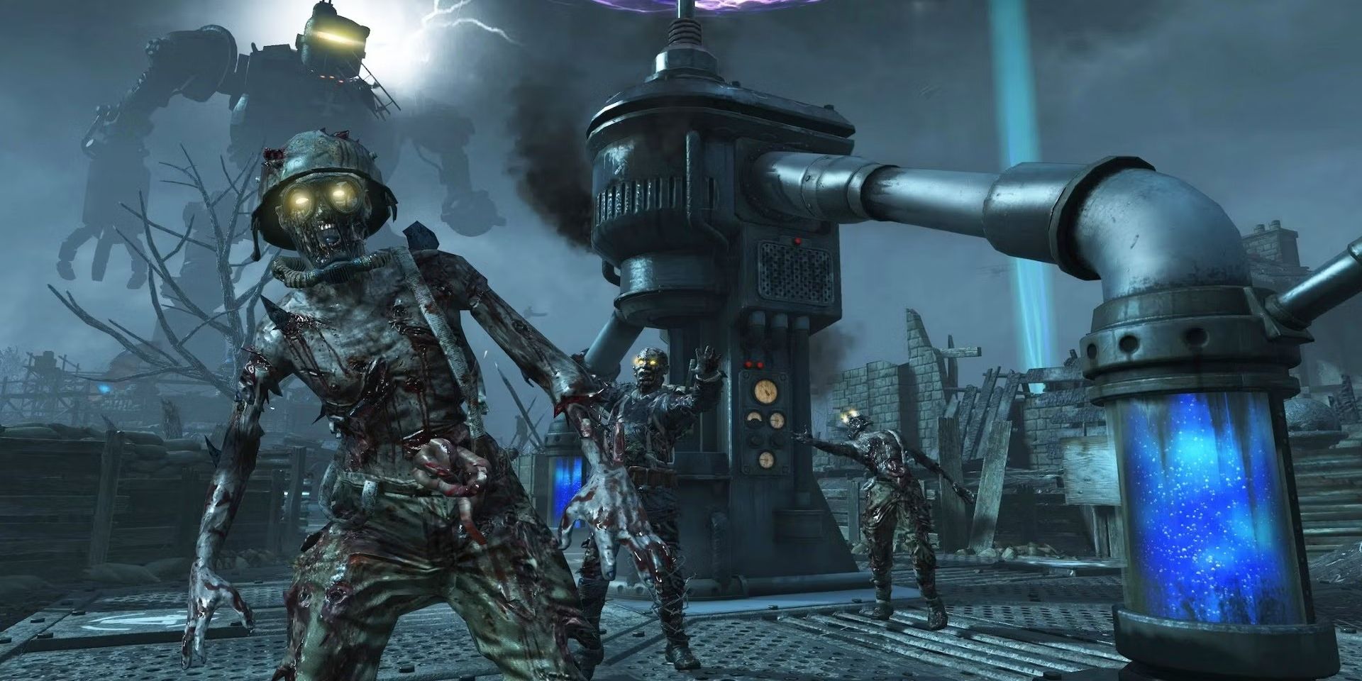 A zombie in front of a looming giant robot in the background from the video game Call of Duty Black Ops 2.