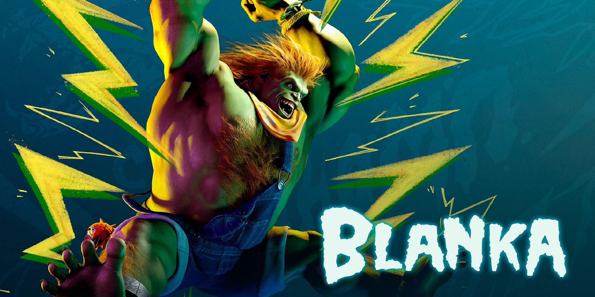 Returning character in Street Fighter Blanka, with green skin and vibrant orange hair, jumping with legs outstretched.