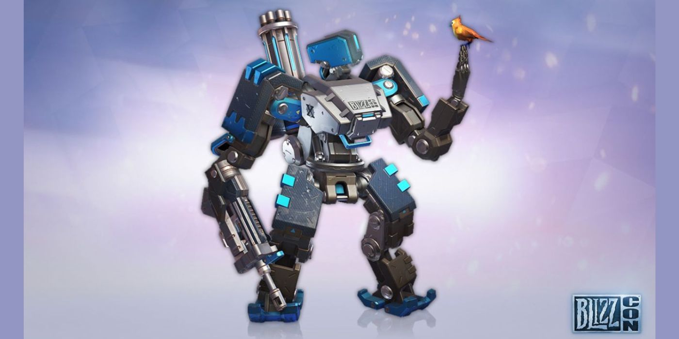 A promotional image showcasing Bastion in his Blizzcon skin, holding Ganymede and against a pink and purple background.