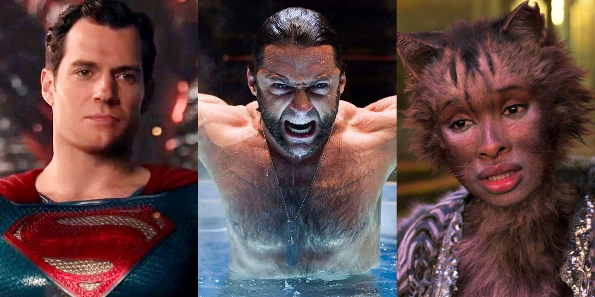 Split image of Henry Cavill as Superman, Hugh Jackman as Wolverine, and Jennifer Hudson in Cats