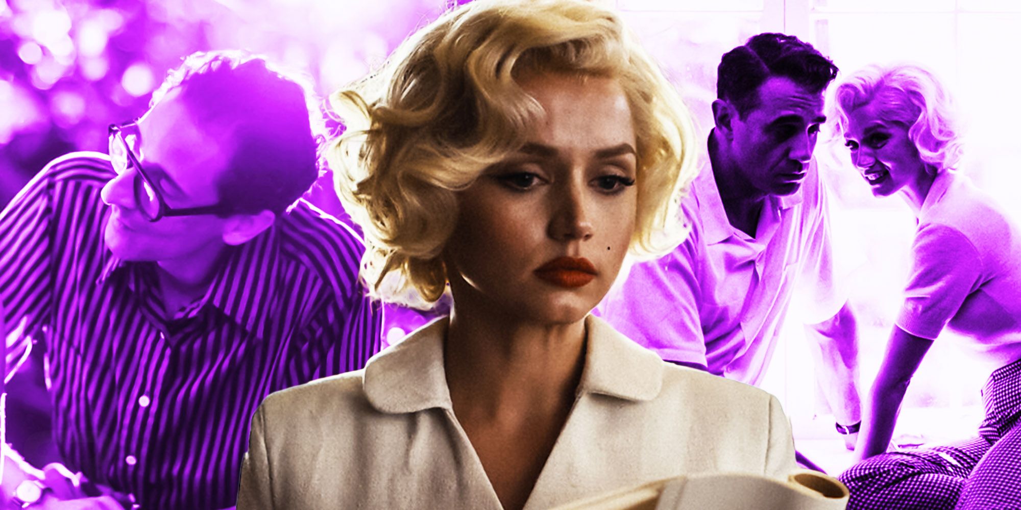 A blended image features Ana de Armas in full color overlaid Adrian Brody, Bobby Canavale, and Ana de Armas in purple, all as their characters in Blonde.