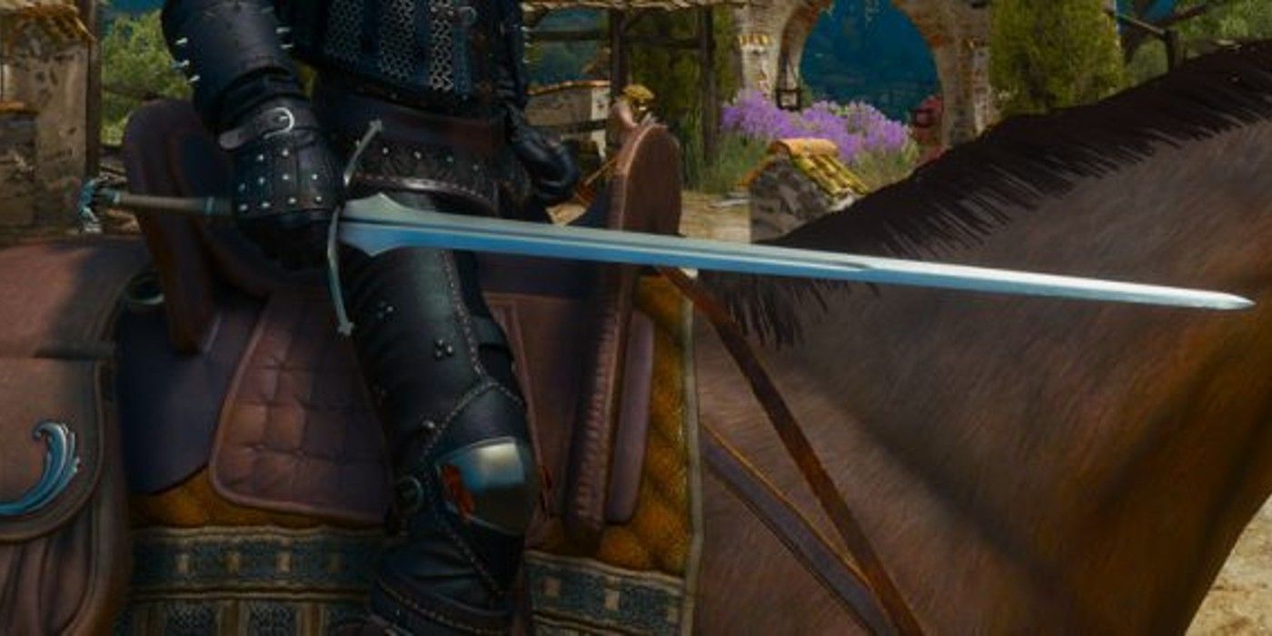 Geralt holding the Bloodsword while riding Roach in the Witcher 3.
