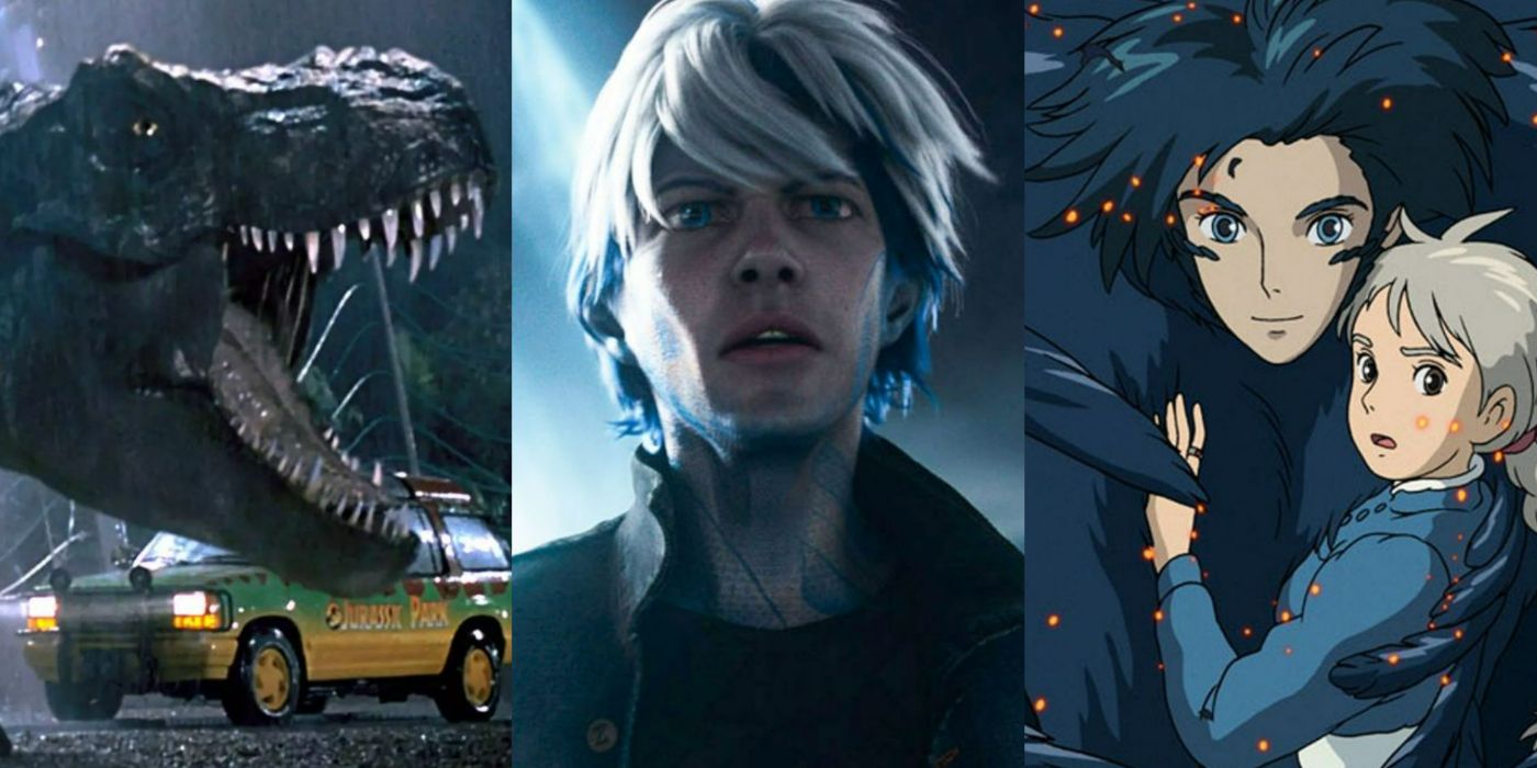 A tri-split image showing shots from Jurassic Park (left), Ready Player One (middle), and Howl's Moving Castle (right)