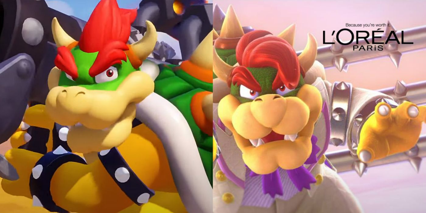 A split image showing an image of Bowser on the left and a Meme featuring Bowser on the right from Mario. 