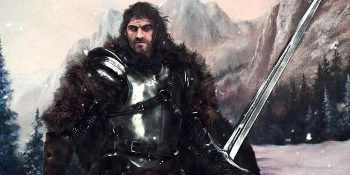 Artwork from A Song of Ice and Fire showing Brandon Stark holding a sword.