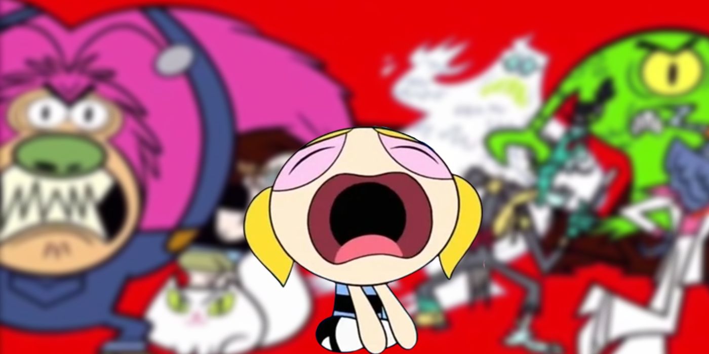 Bubbles crying in front of villains from the Powerpuff Girls intro
