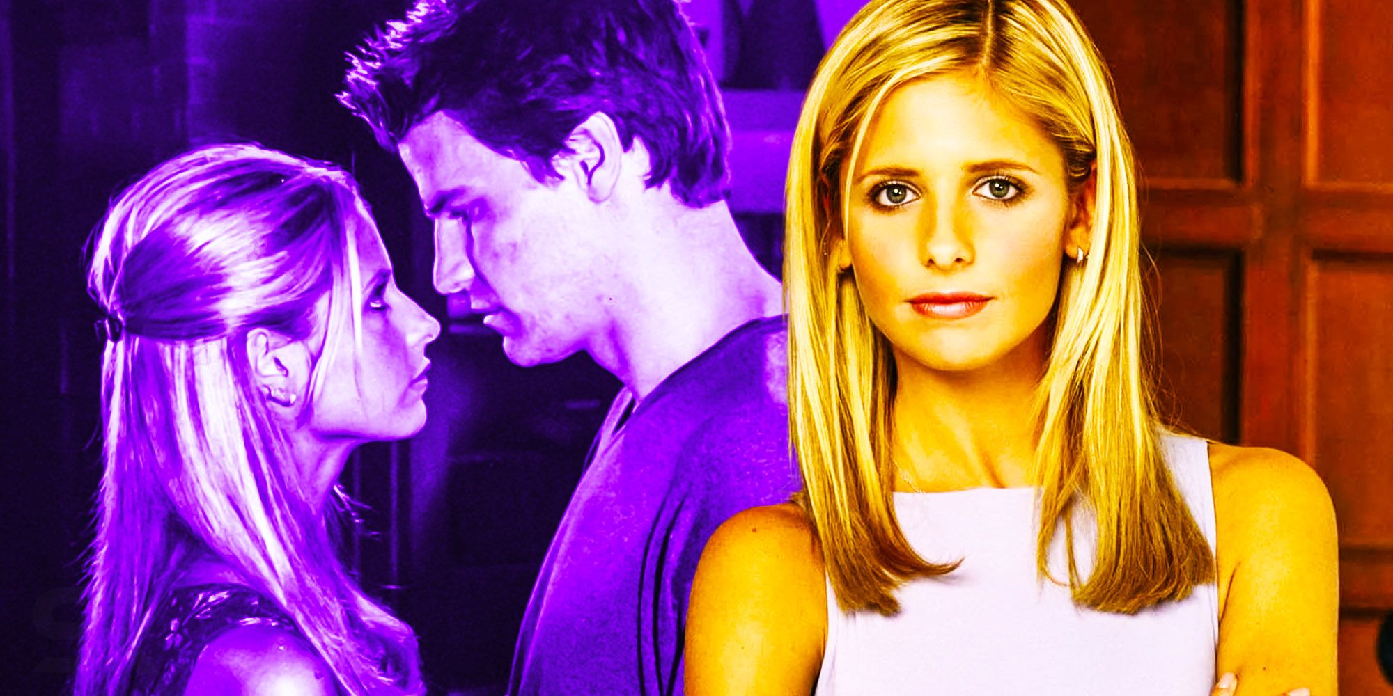 Split image of Buffy about to kiss Angel and Buffy standing looking at the camera