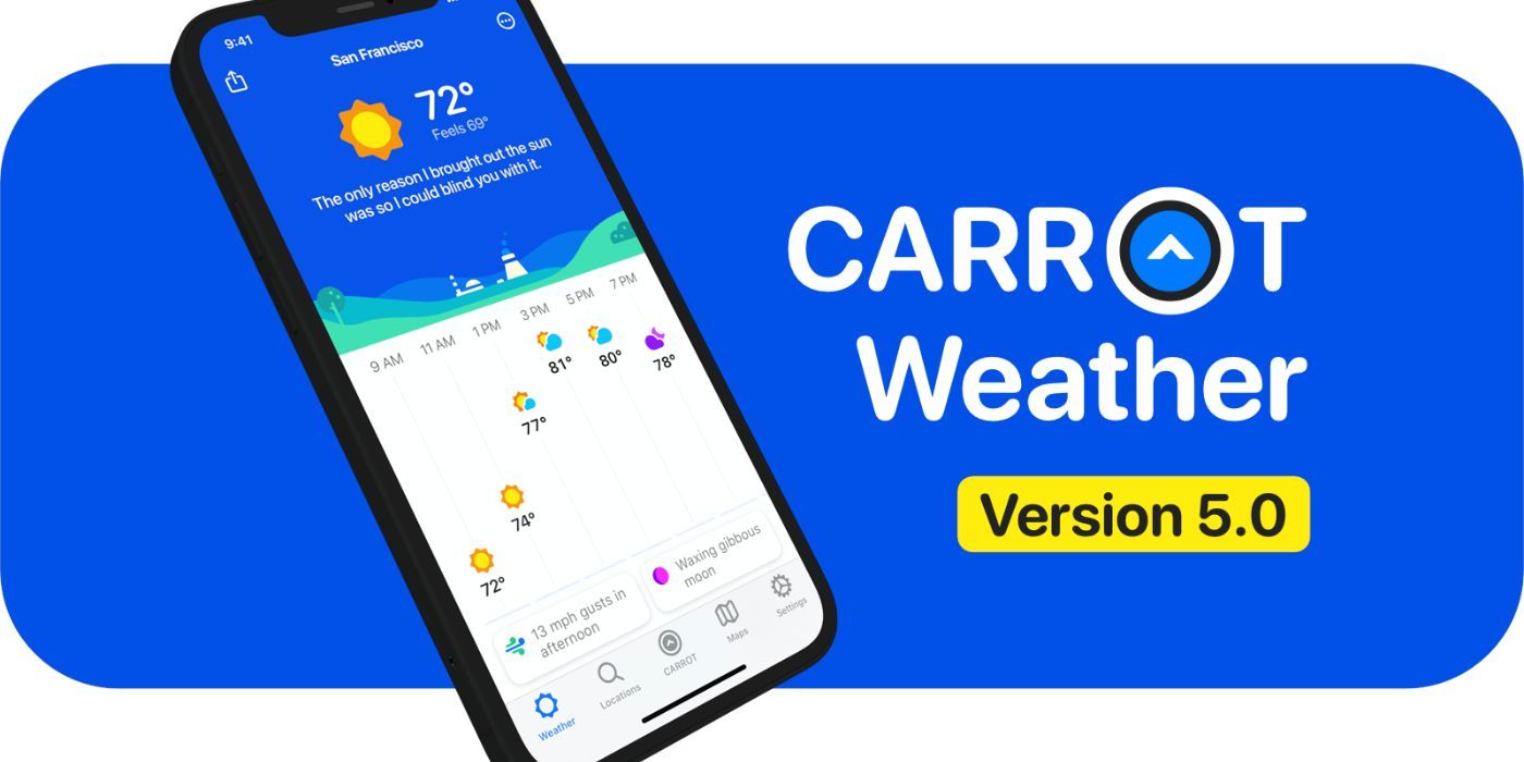 A smartphone showing the CARROT Weather app.