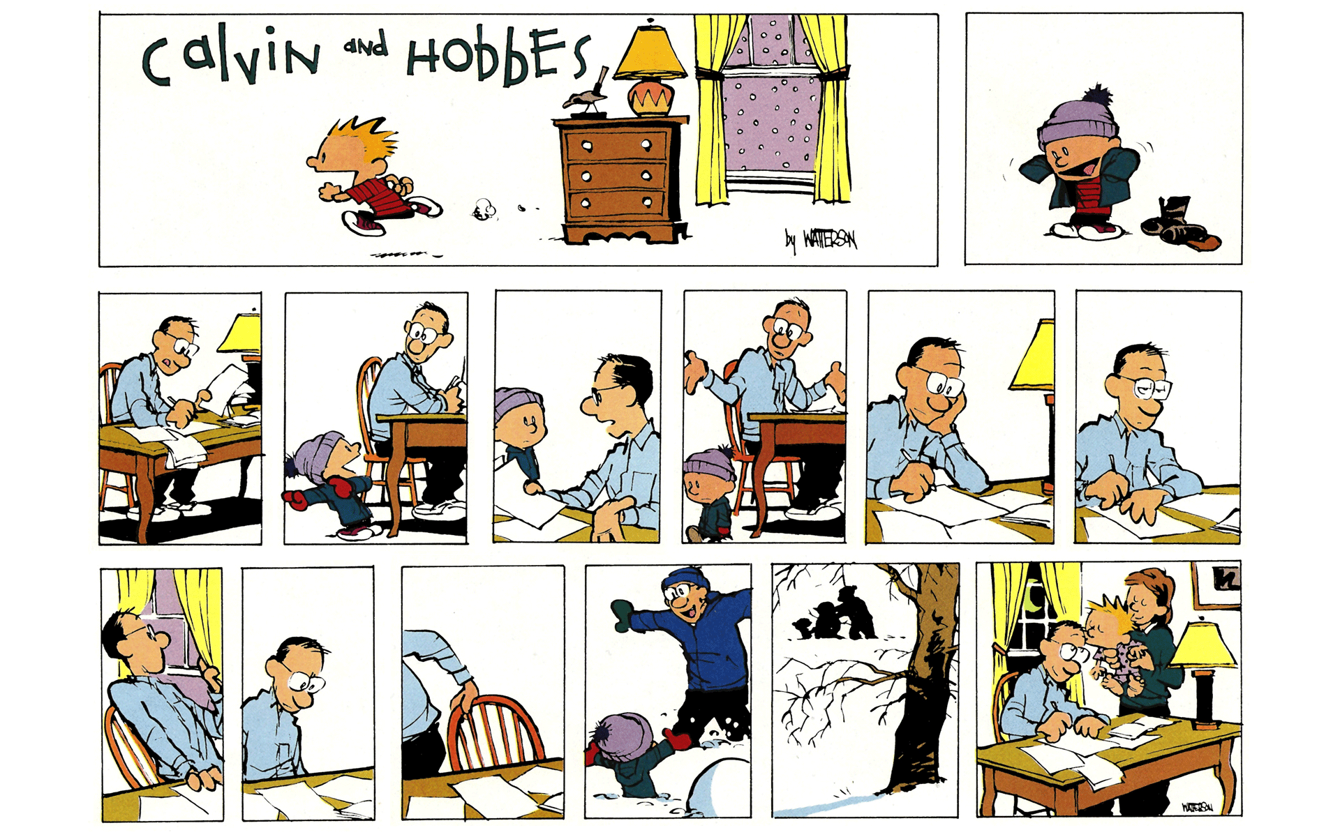 Calvin e Hobbes dia de neve com o pai