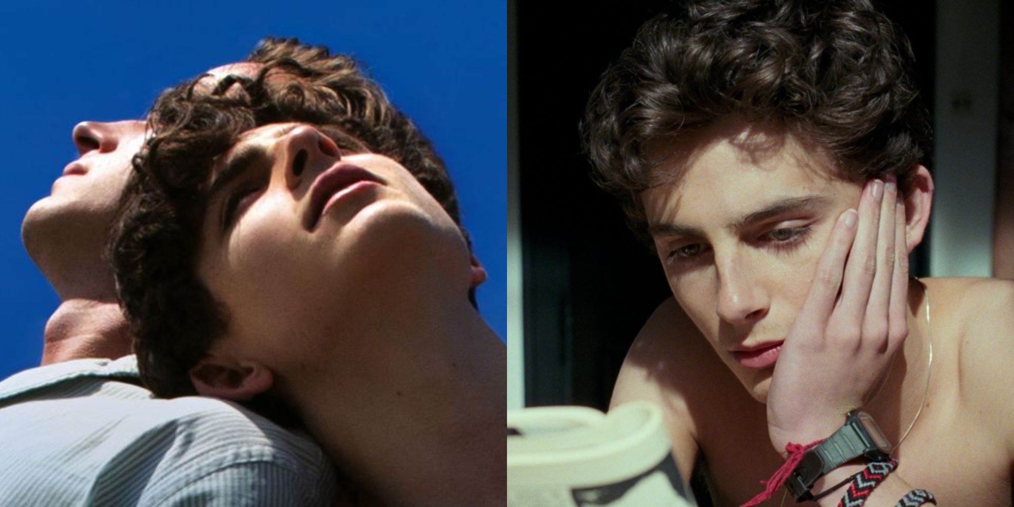 Split image showing the poster for Call Me By Your Name and Elio reading.