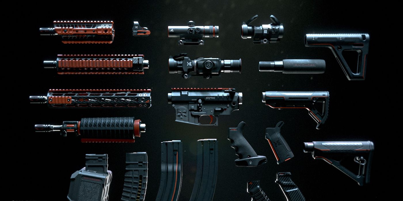 An image used to visualize MW2's Gunsmith 2.0, where many of a weapon's interchangeable parts are positioned next to each other.
