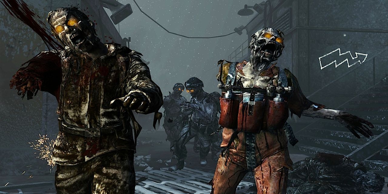 Zombies lumbering toward the camera in the Call of Duty Black Ops zombies map Call of the Dead.