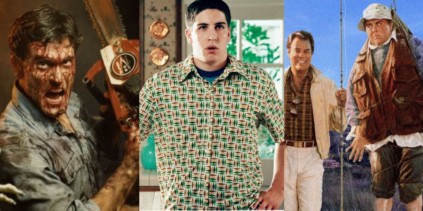 Three vertical images - Ash from Evil Dead, Jim from American Pie, John Candy and Dan Aykroyd The Great Outdoors
