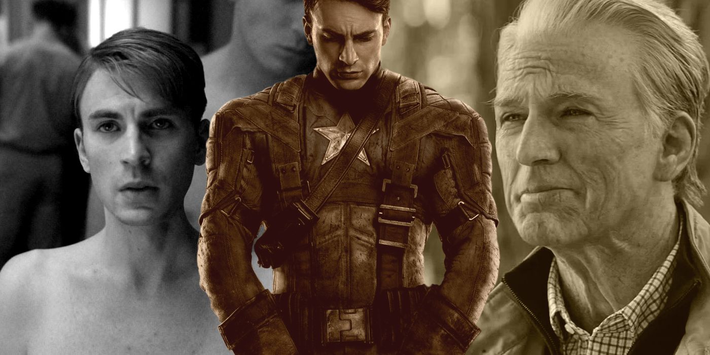 Split image of Skinny Steve Rogers, Captain America looking down at his shield; Old Steve Rogers