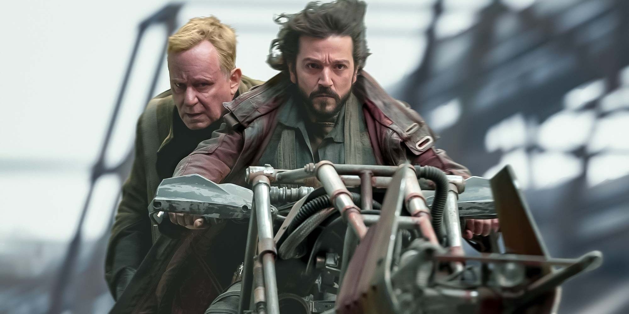 Cassian and Luthen on a speeder in Andor