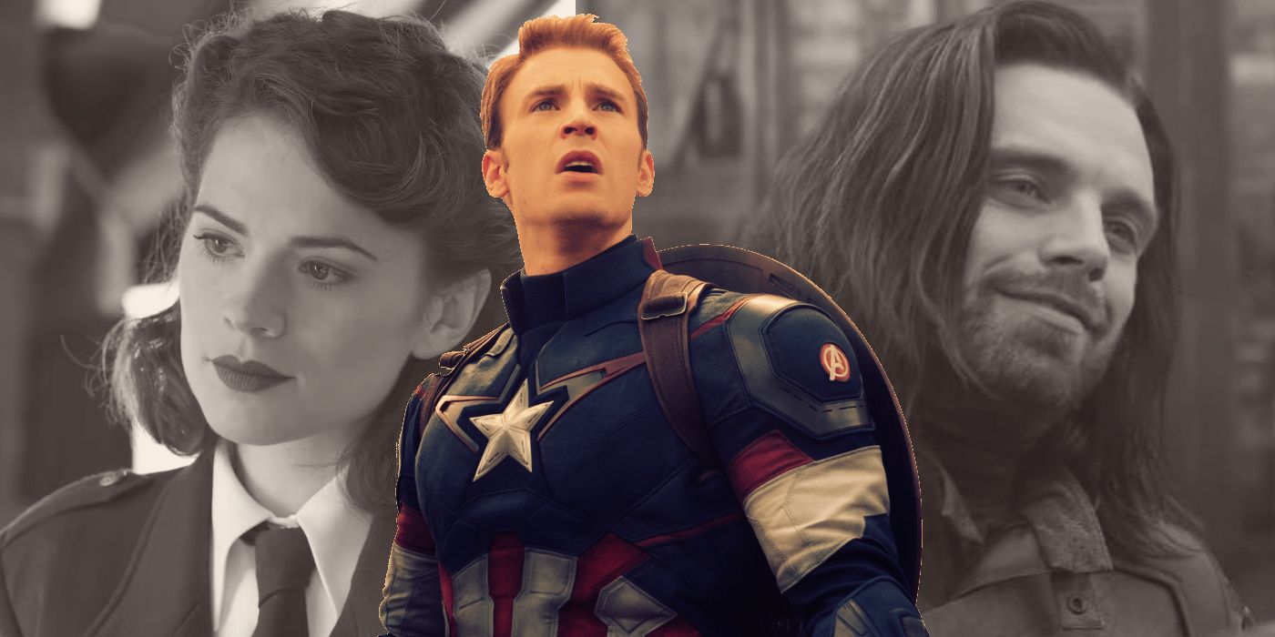 Steve Rogers as Captain America; background with black-and-white photos of Peggy Carter and Bucky Barnes