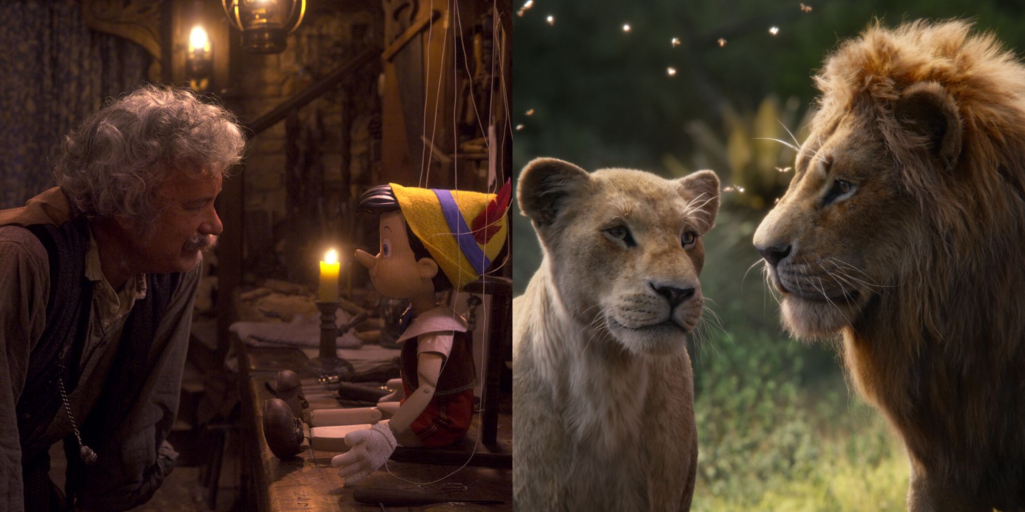 Split image showing characters from 2022's Pinnochio and 2019's The Lion King.