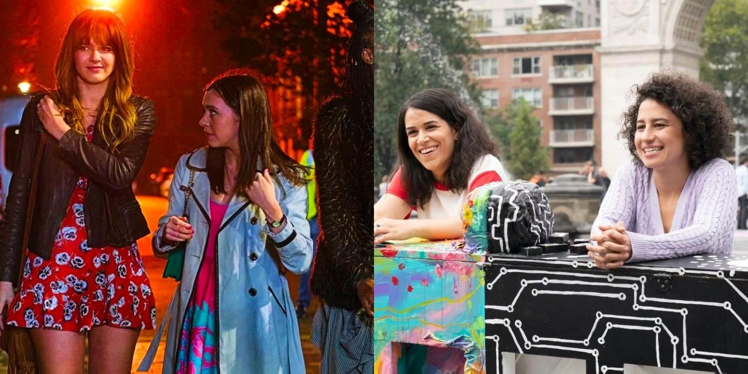 Characters from Everything I Know About Love walking together on the street and Abbi and Illana leaning on boxes and laughing in Broad City