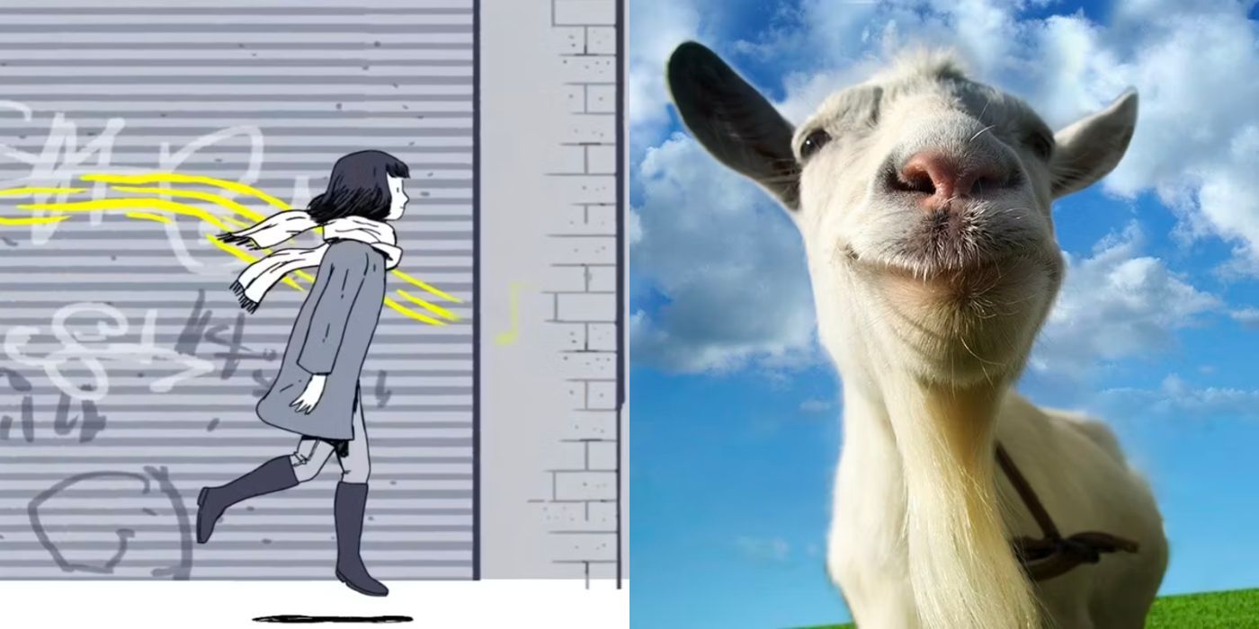 A split image showing characters from Florence and Goat Simulator