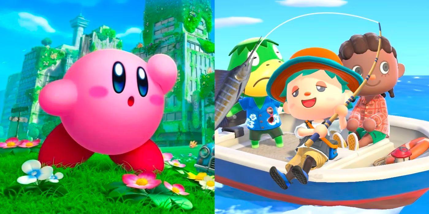A split image showing characters from Kirby and the Forgotten Land and Animal Crossing New Horizons