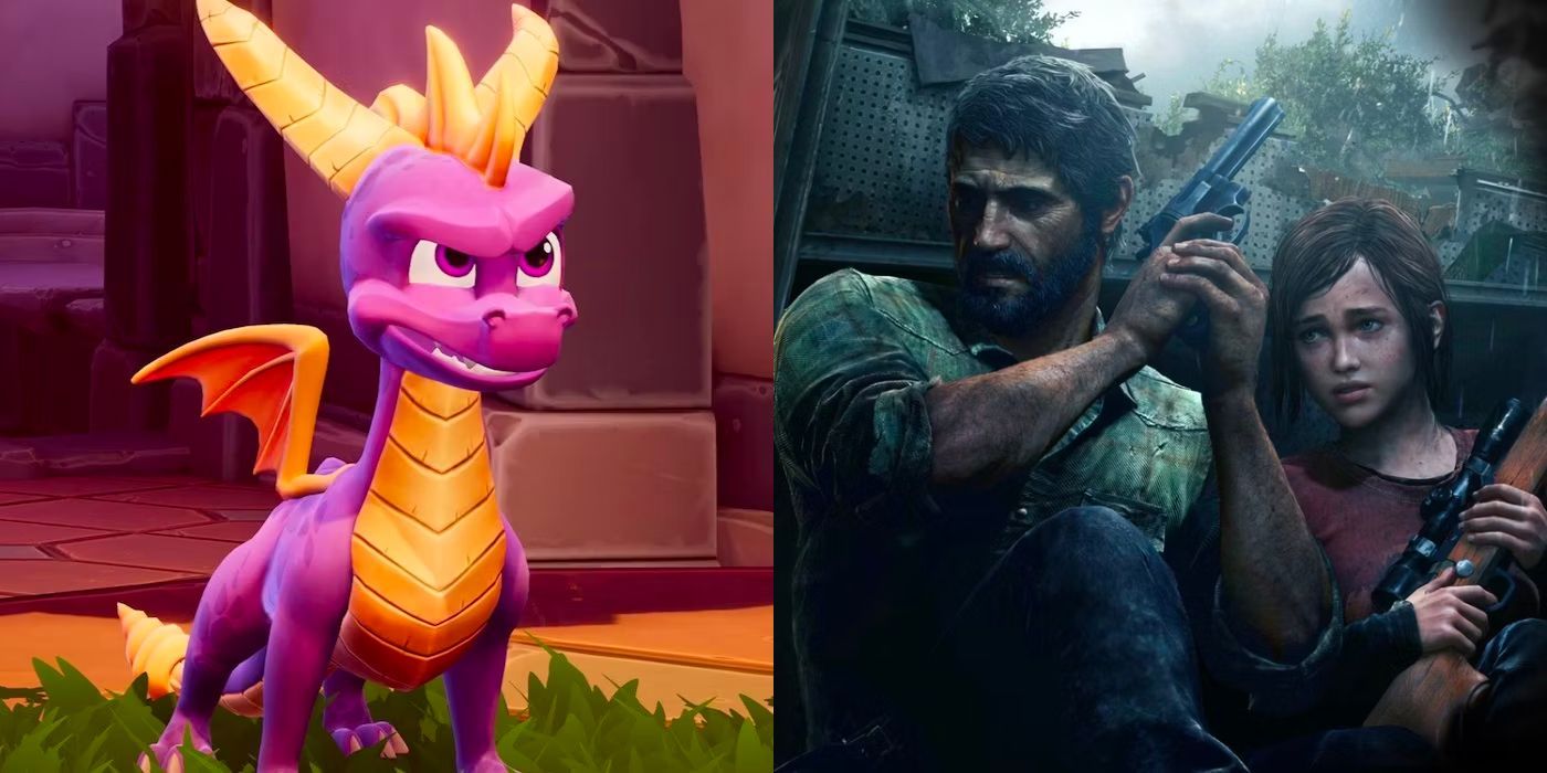 A split image showing characters from the Spyro Reignited Trilogy and The Last of Us Remastered