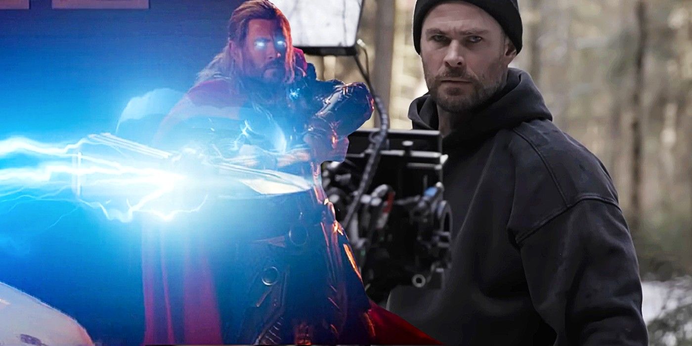 Chris Hemsworth as Thor in Thor 4 manifesting his powers and as Tyler Rake in Extraction 2 filming a scene in the woods