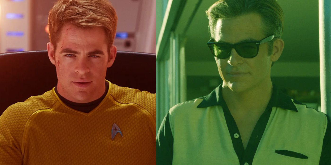 Chris Pine as Captain Kirk in Stark Trek (2009) in Captain's chair and in Don't Worry Darling