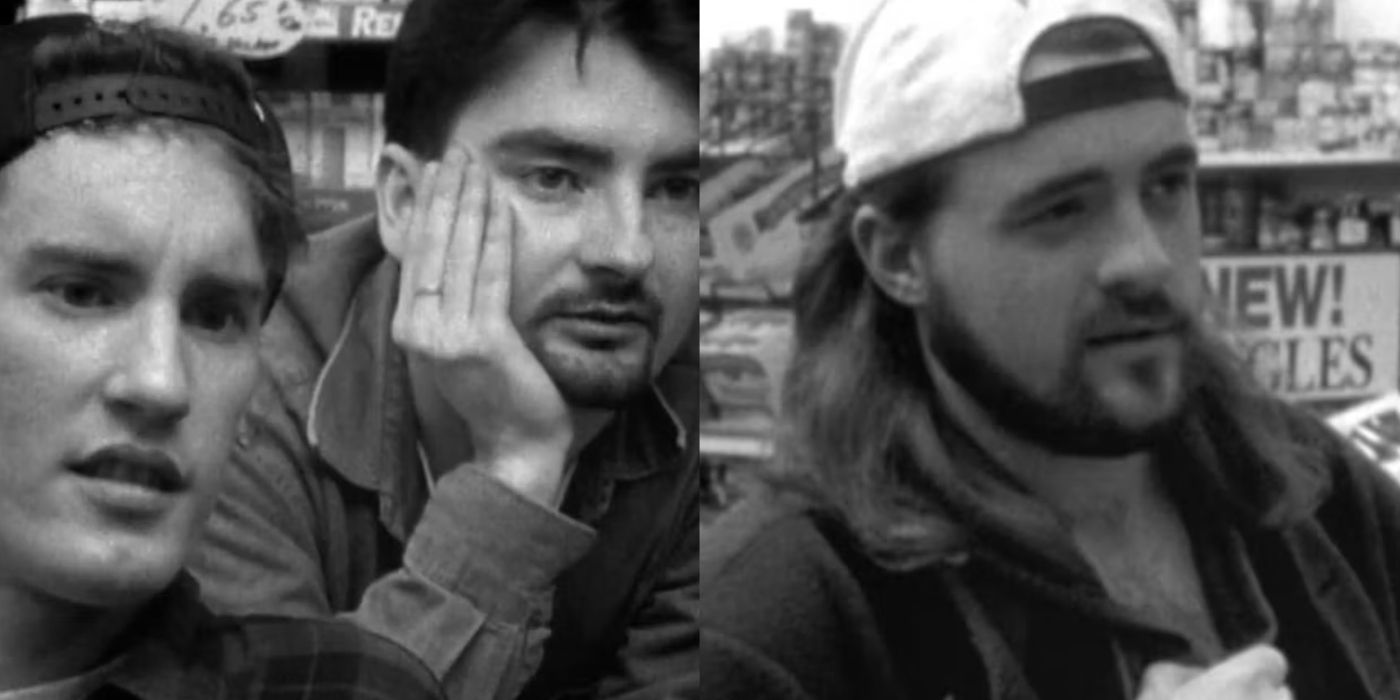 Split image of Dante with Randal and Silent Bob in Clerks