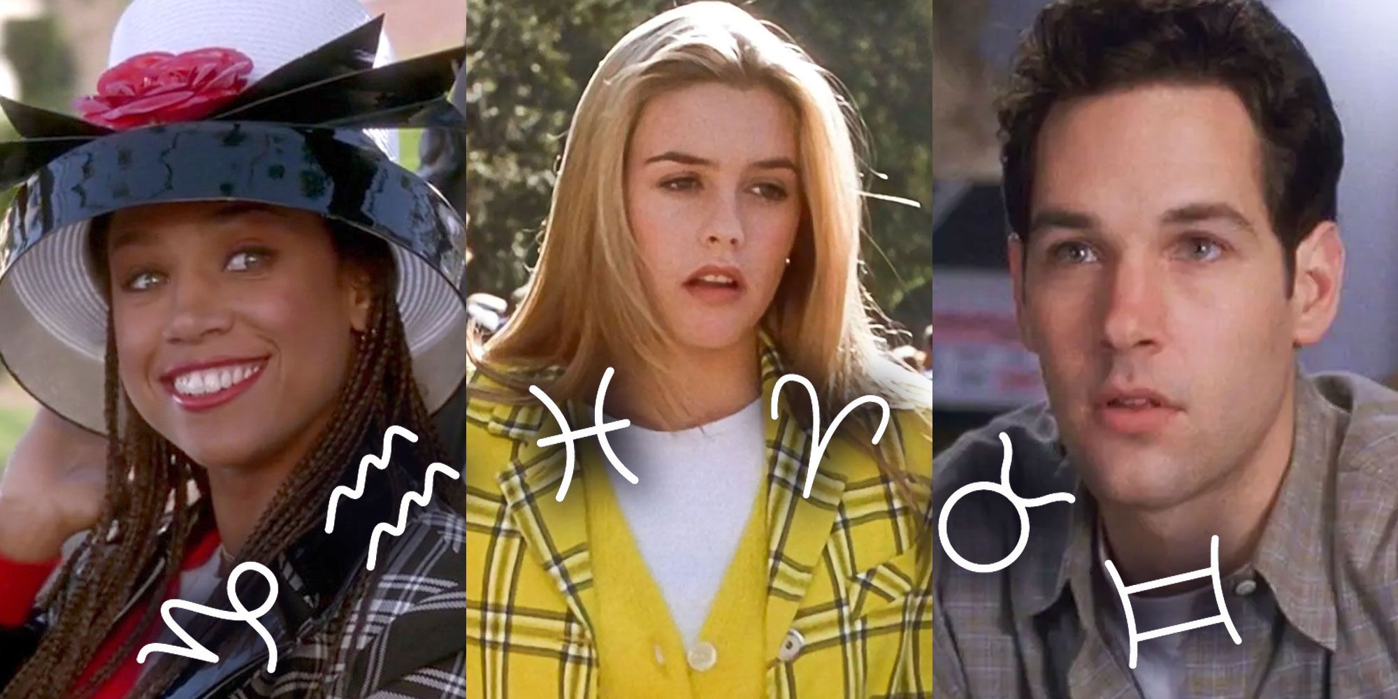 A split image features Dionne, Cher, and Josh in Clueless with zodiac signs on top of the lower half of the image