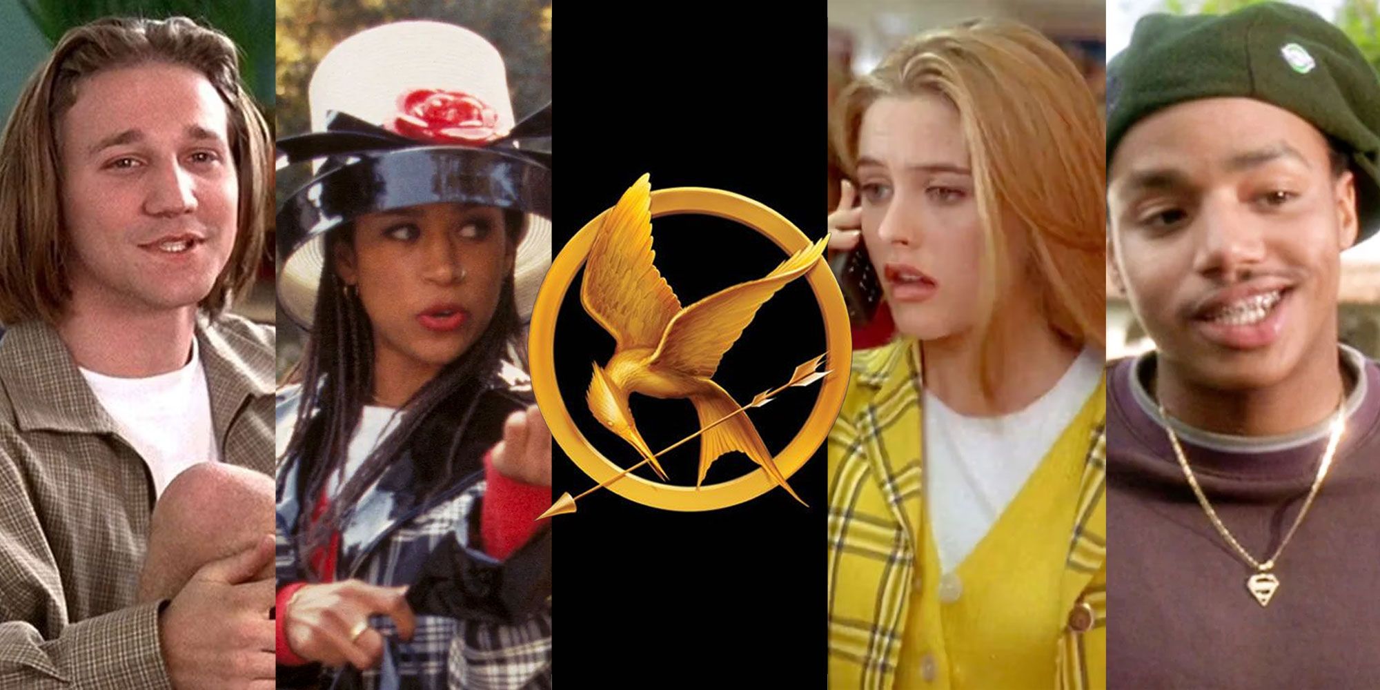 A split image features Travis, Dionne, Cher, and Murray from clueless with the picture of the mockingjay pin from The Hunger Games in the middle