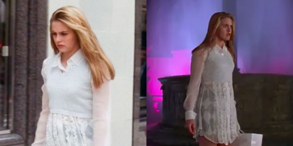 A split image features Cher in a sheer white ruffled button down and sweater vest in Clueless