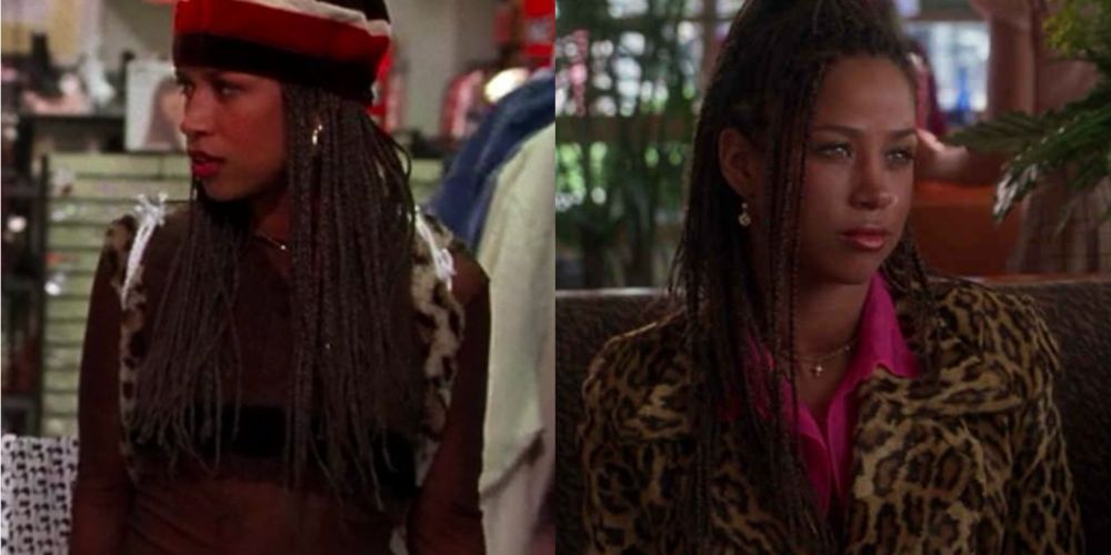 A split image features Dionne with a leopard print backpack and Dionne in a leopard print top in Clueless