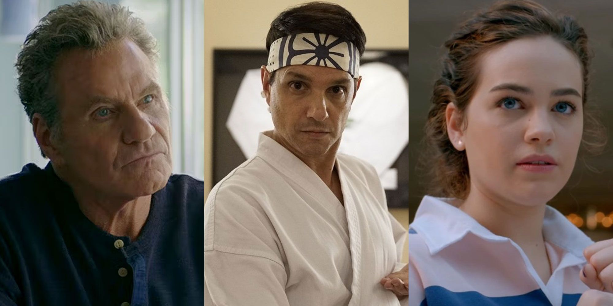 A split image features John Kreese, Daniel LaRusso, and Sam LaRusso in Cobra Kai