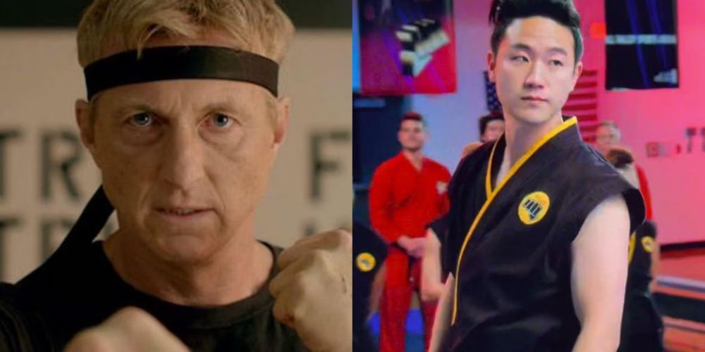 A split image features Cobra Kai characters Johnny Lawrence and Kyler Park