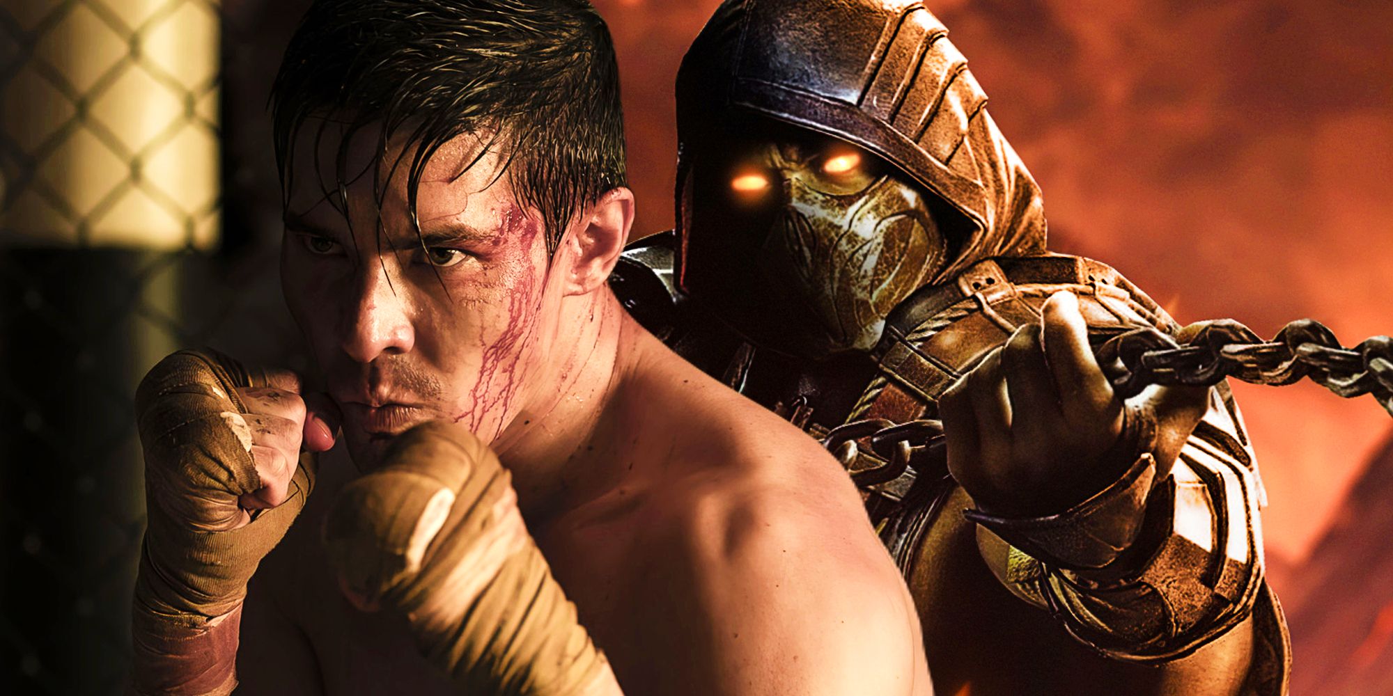 Cole Young in Mortal Kombat (2021) and Scorpion in the Mortal Kombat games