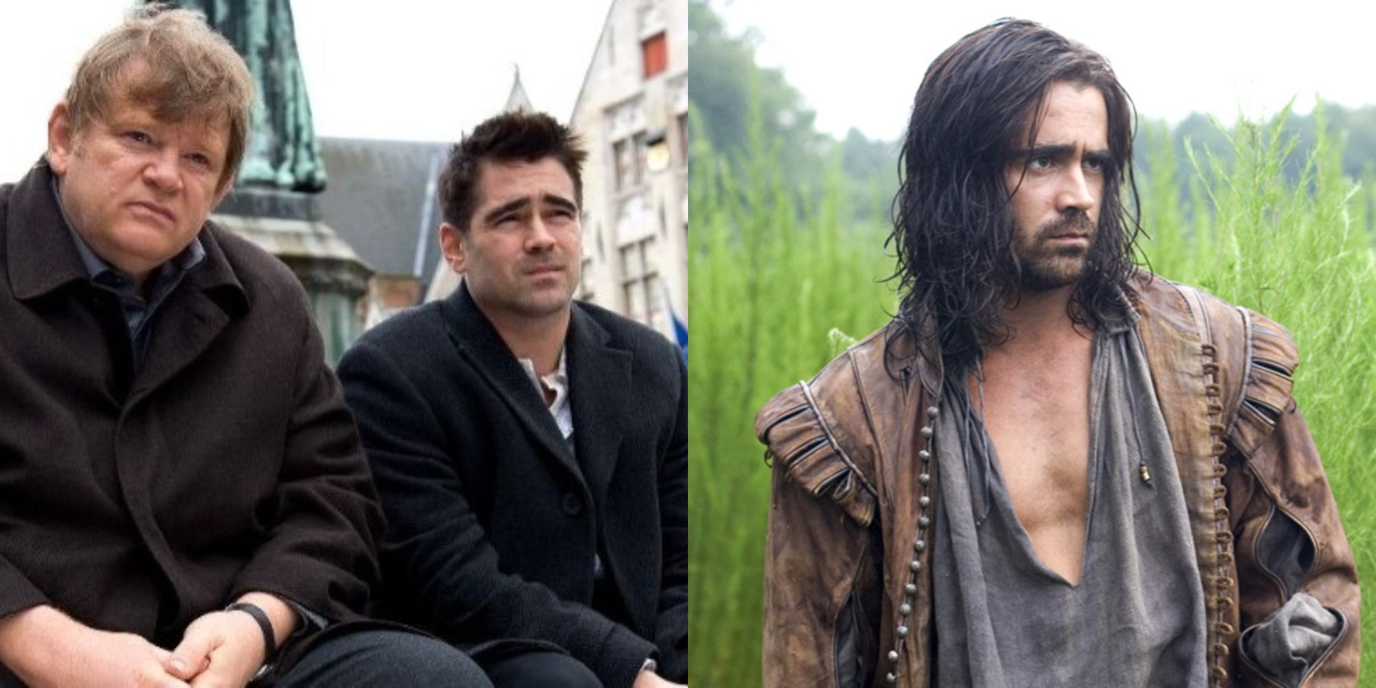 Split image showing Colin Farell with Brendan Gleeson in In Bruges and alone in The New World.
