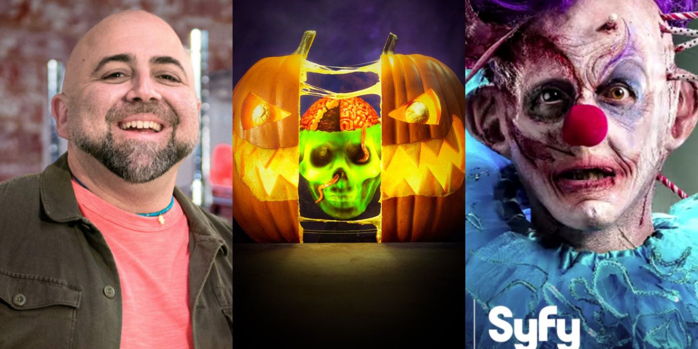 Collage of Duff Goldman, a skull pumpkin, and a creepy clown