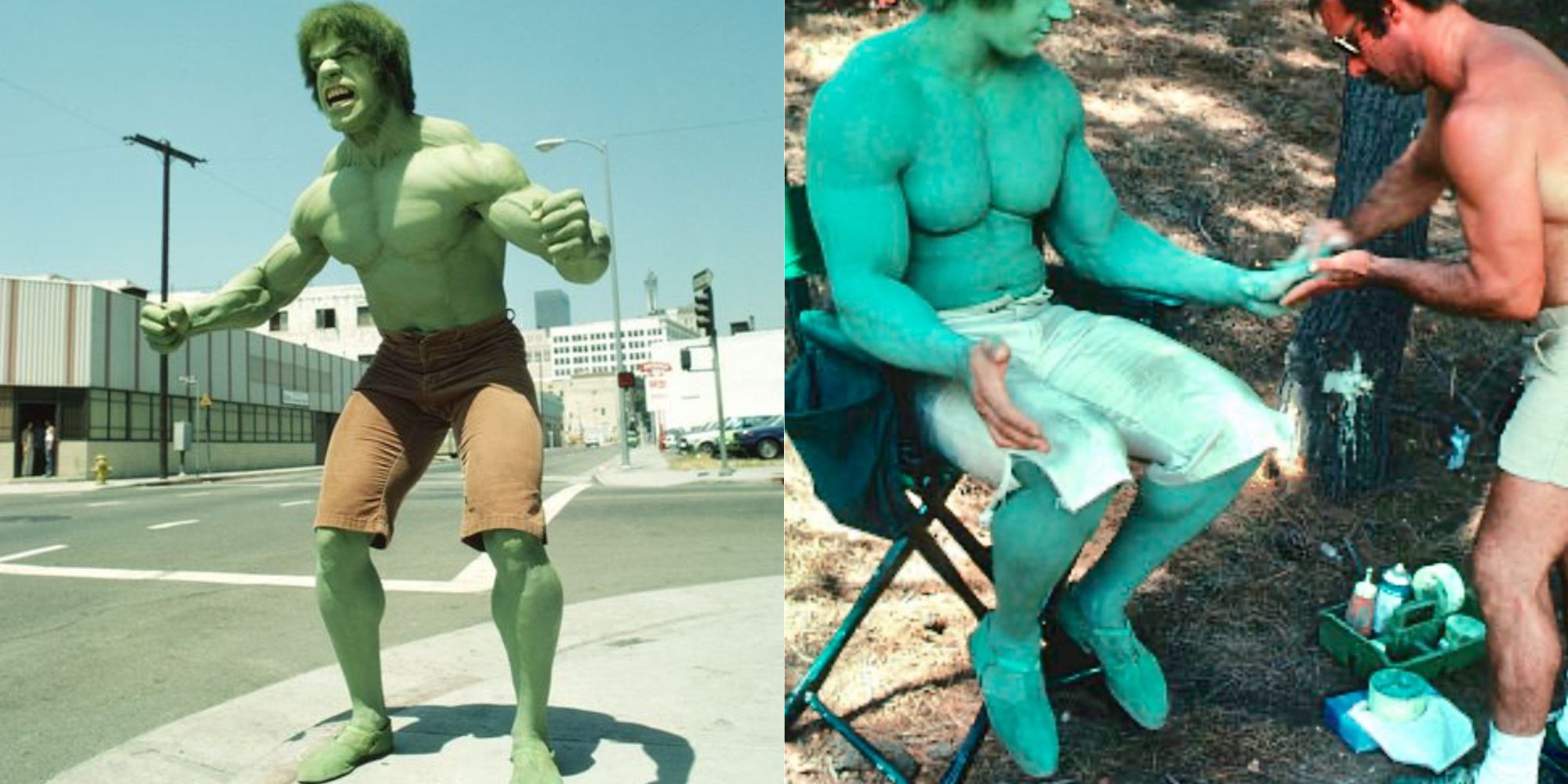 Split image of Lou Ferrigno as Hulk wearing sandals in the 1978 Hulk series.